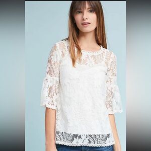NWT ANTHROPOLOGIE BLUE TASSEL Daisy Lace Top White Women’s Size Small